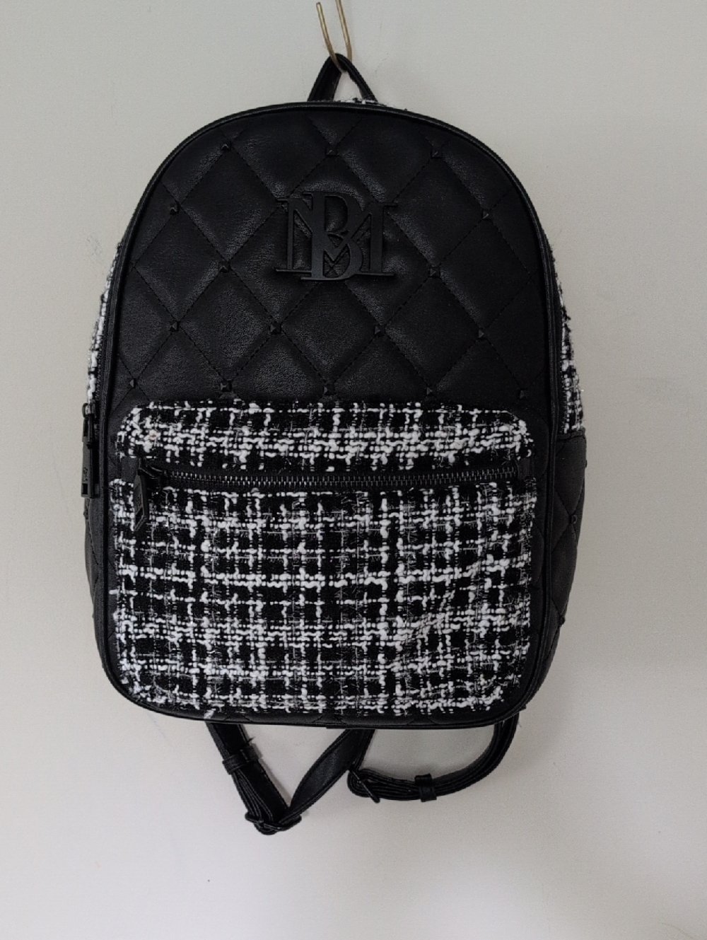 Badgley Mischka Black Quilted Backpack with Black-and-White Tweed Pocket